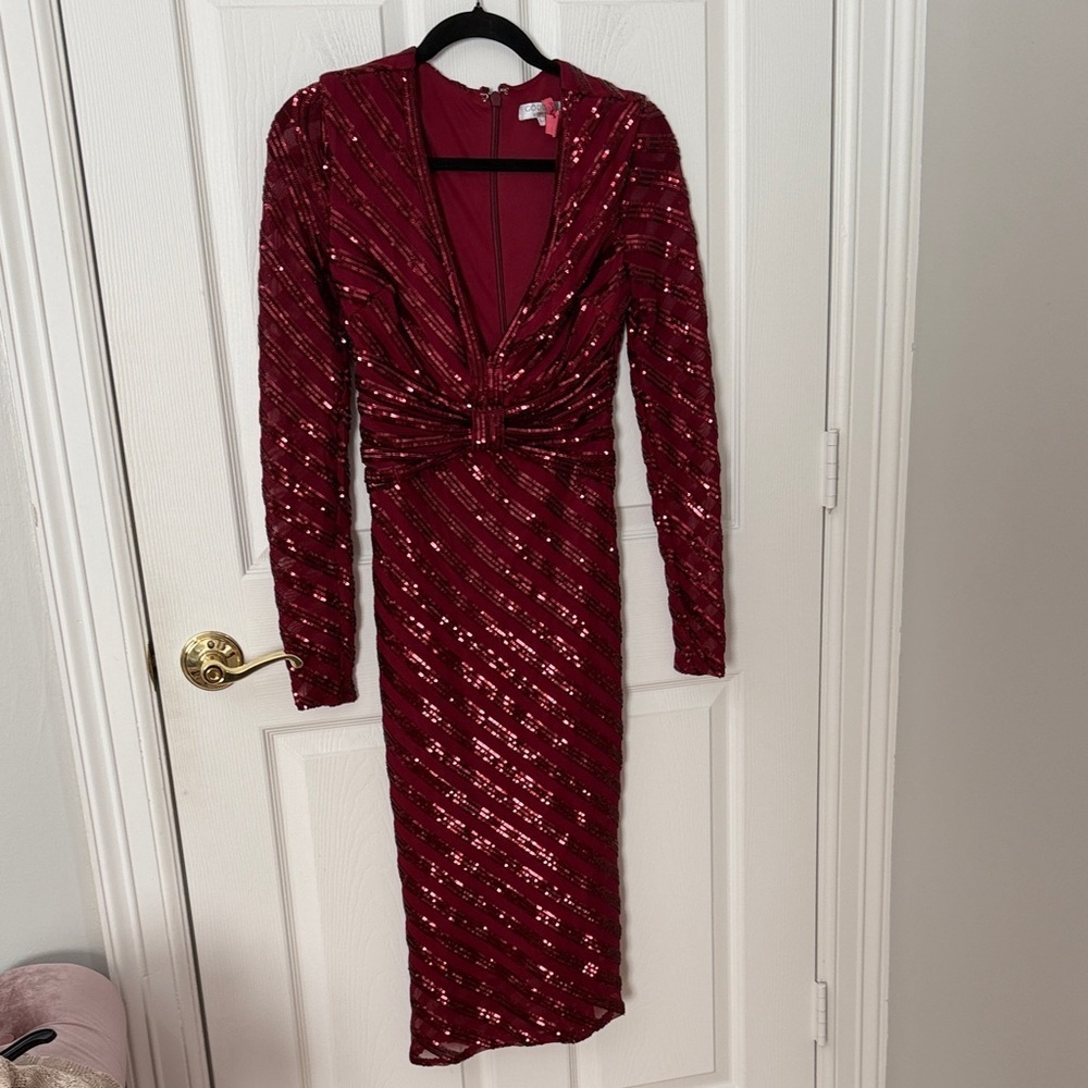 GODDIVA London Burgundy Sequin Twist-Front Long Sleeve Dress uk8/small